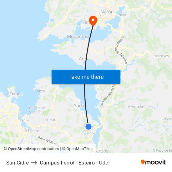 San Cidre to Campus Ferrol - Esteiro - Udc map