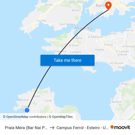 Praia Mera (Bar Nai Pai) to Campus Ferrol - Esteiro - Udc map