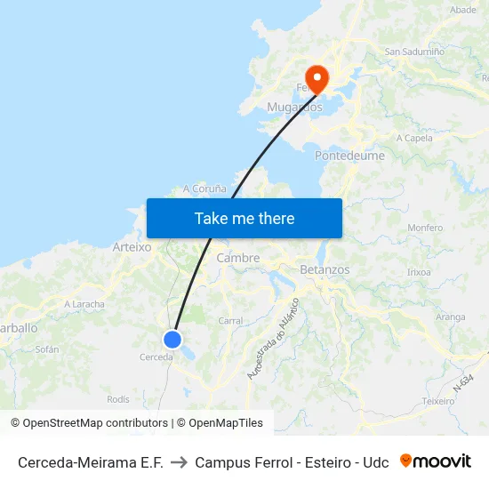 Cerceda-Meirama E.F. to Campus Ferrol - Esteiro - Udc map