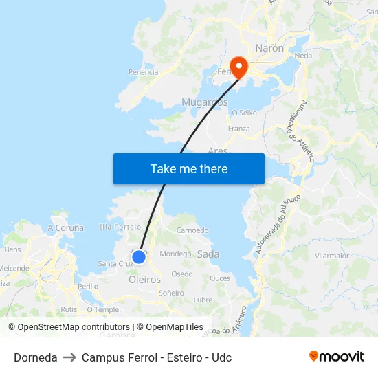 Dorneda to Campus Ferrol - Esteiro - Udc map