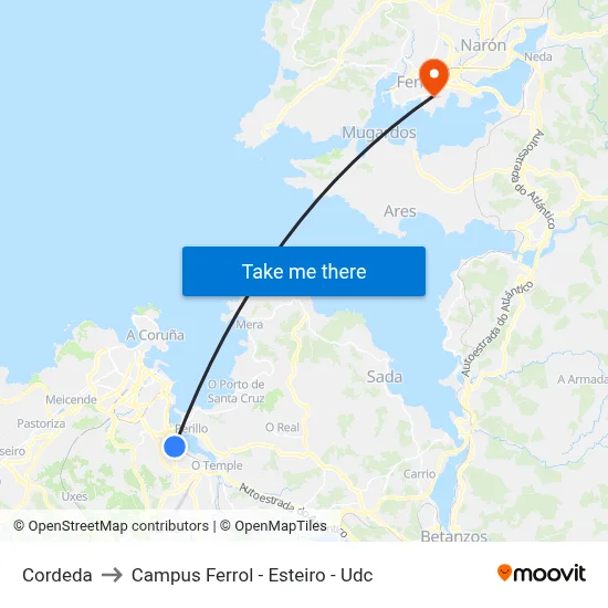 Cordeda to Campus Ferrol - Esteiro - Udc map