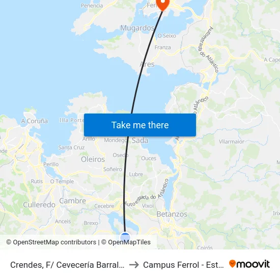 Crendes, F/ Cevecería Barral (Abegondo) to Campus Ferrol - Esteiro - Udc map