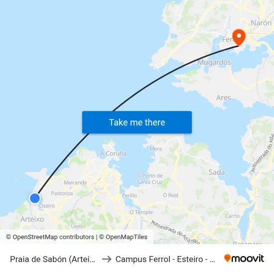 Praia de Sabón (Arteixo) to Campus Ferrol - Esteiro - Udc map