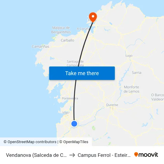 Vendanova (Salceda de Caselas) to Campus Ferrol - Esteiro - Udc map