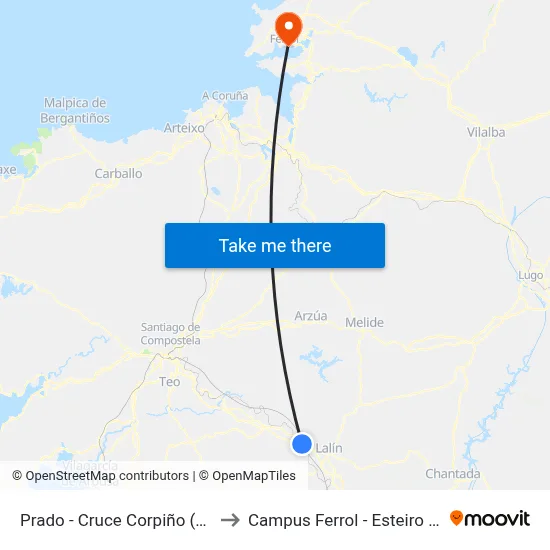 Prado - Cruce Corpiño (Lalín) to Campus Ferrol - Esteiro - Udc map