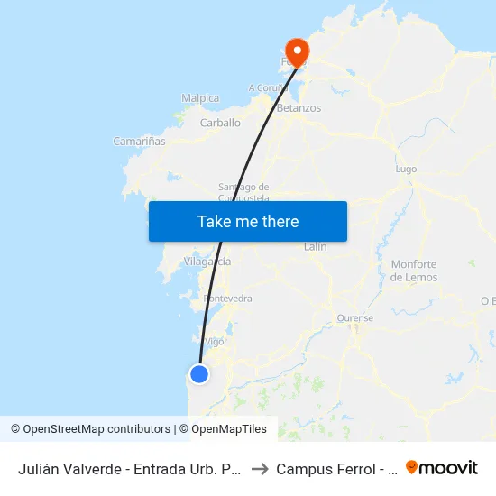 Julián Valverde - Entrada Urb. Ponte Romana (Baiona) to Campus Ferrol - Esteiro - Udc map