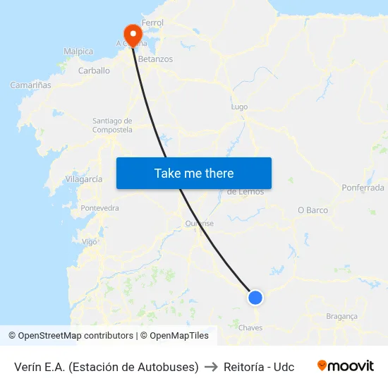 Verín E.A. (Estación de Autobuses) to Reitoría - Udc map