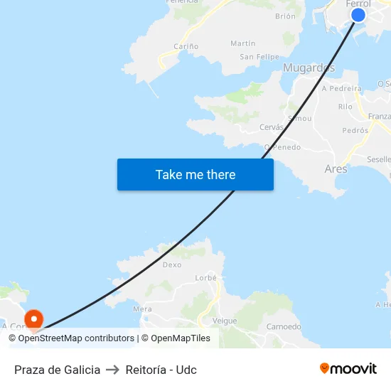 Praza de Galicia to Reitoría - Udc map