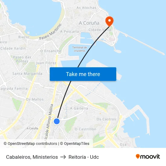 Cabaleiros, Ministerios to Reitoría - Udc map