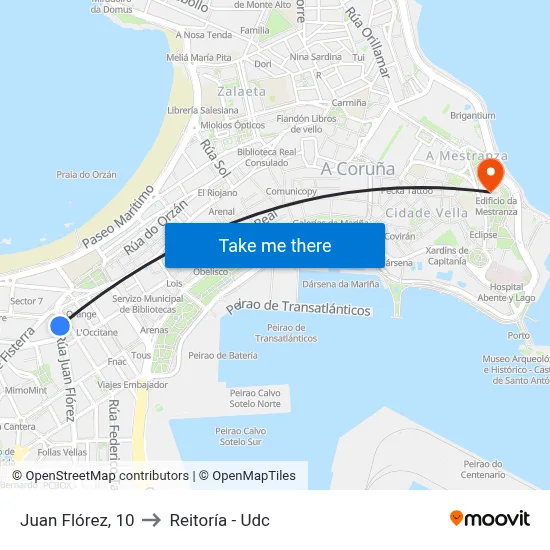Juan Flórez, 10 to Reitoría - Udc map