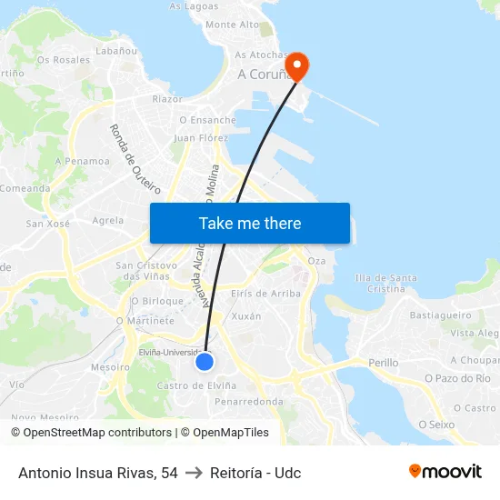 Antonio Insua Rivas, 54 to Reitoría - Udc map