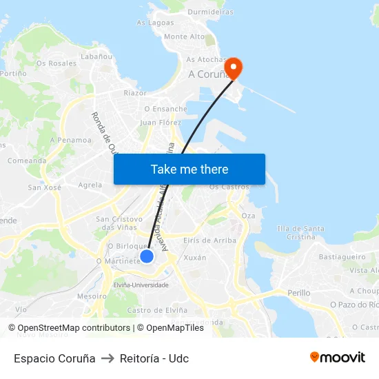 Espacio Coruña to Reitoría - Udc map