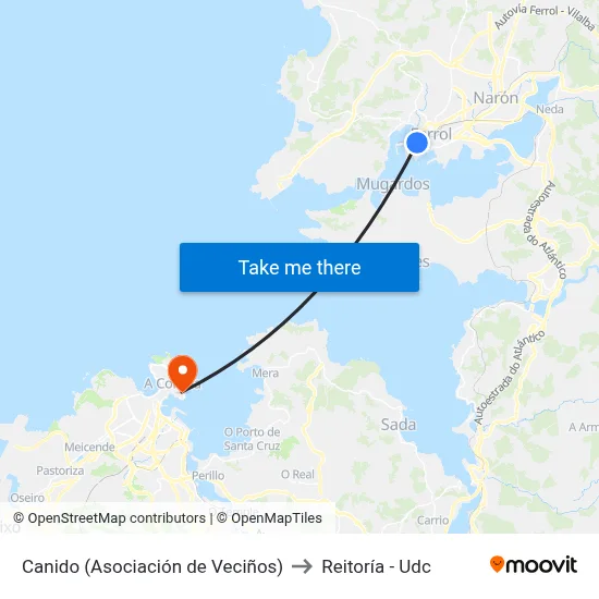 Canido (Asociación de Veciños) to Reitoría - Udc map