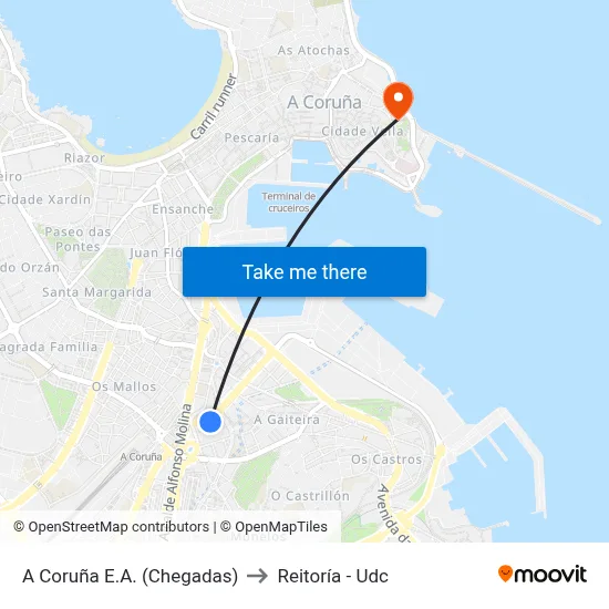 A Coruña E.A. (Chegadas) to Reitoría - Udc map