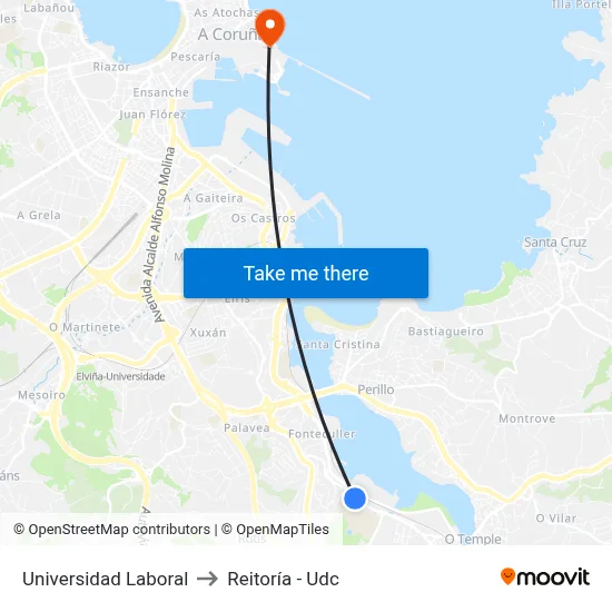 Universidad Laboral to Reitoría - Udc map