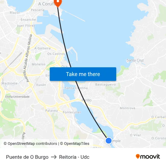 Puente de O Burgo to Reitoría - Udc map