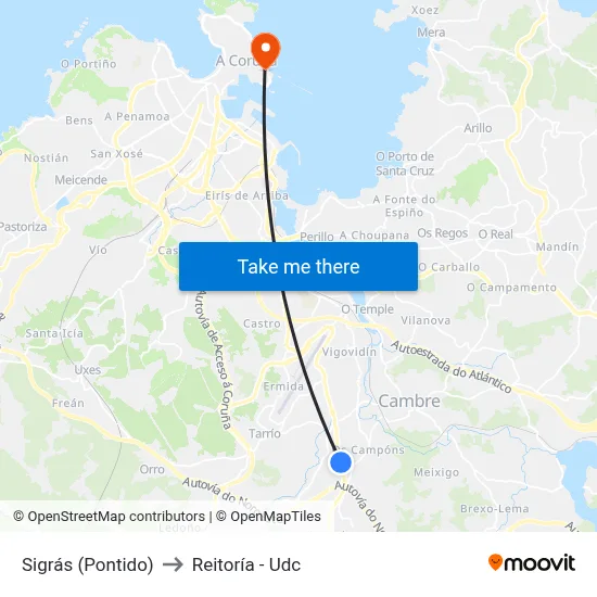 Sigrás (Pontido) to Reitoría - Udc map