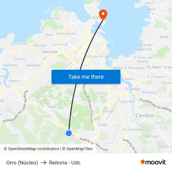 Orro (Núcleo) to Reitoría - Udc map