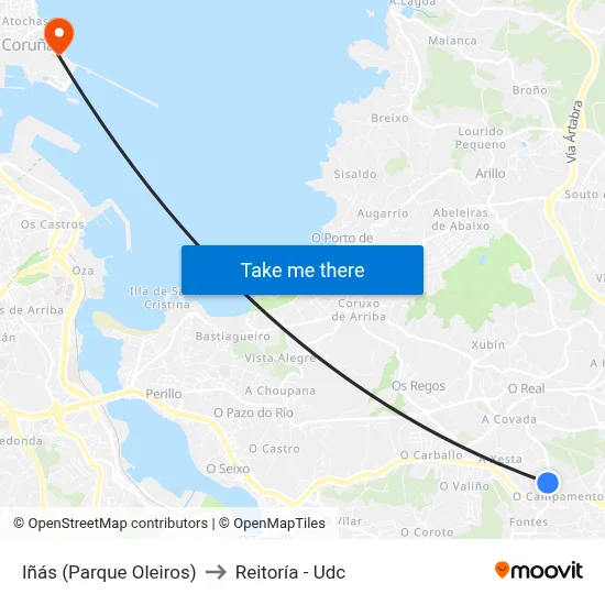 Iñás (Parque Oleiros) to Reitoría - Udc map