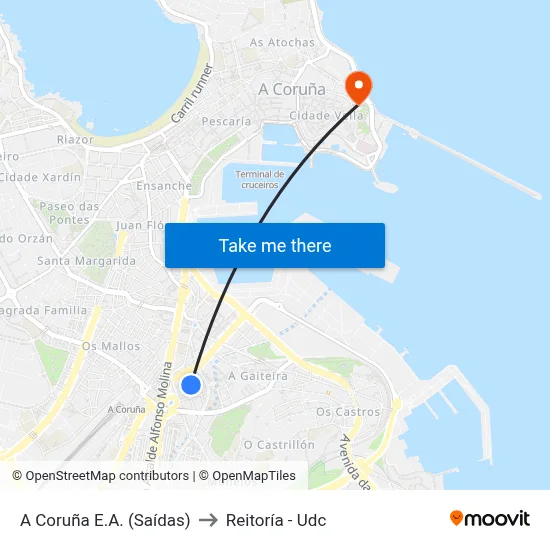 A Coruña E.A. (Saídas) to Reitoría - Udc map