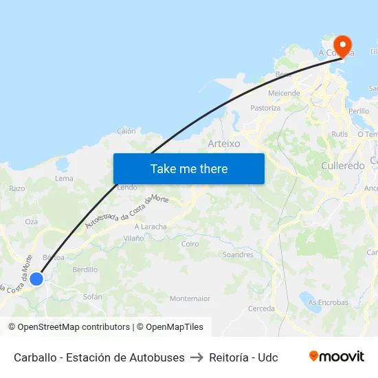 Carballo - Estación de Autobuses to Reitoría - Udc map