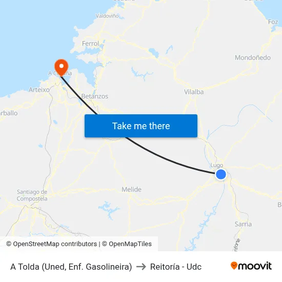 A Tolda (Uned, Enf. Gasolineira) to Reitoría - Udc map