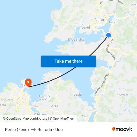 Perlío (Fene) to Reitoría - Udc map