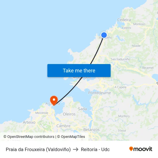 Praia da Frouxeira (Valdoviño) to Reitoría - Udc map