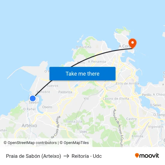 Praia de Sabón (Arteixo) to Reitoría - Udc map