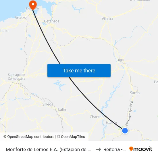 Monforte de Lemos E.A. (Estación de Autobuses) to Reitoría - Udc map