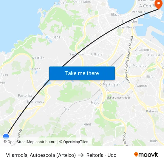 Vilarrodís, Autoescola (Arteixo) to Reitoría - Udc map