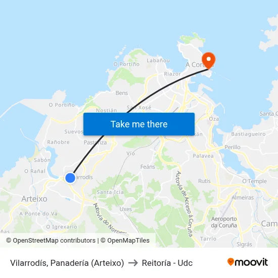 Vilarrodís, Panadería (Arteixo) to Reitoría - Udc map