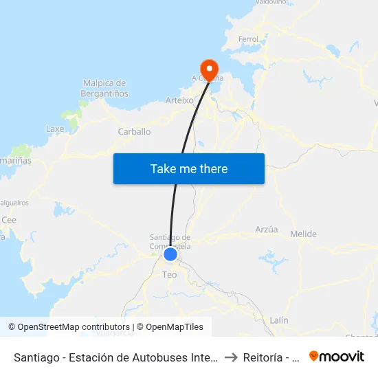 Santiago - Estación de Autobuses Intermodal to Reitoría - Udc map