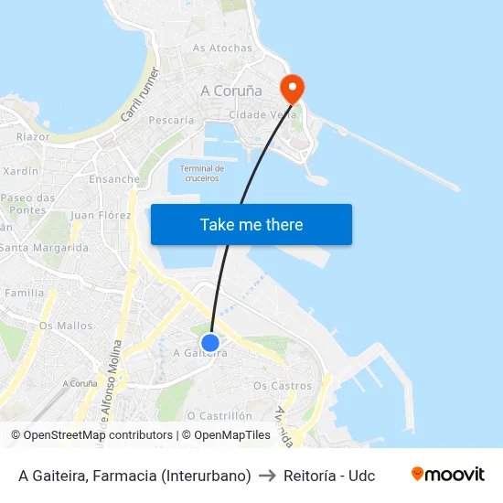 A Gaiteira, Farmacia (Interurbano) to Reitoría - Udc map