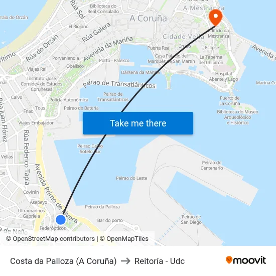 Costa da Palloza (A Coruña) to Reitoría - Udc map