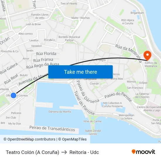 Teatro Colón (A Coruña) to Reitoría - Udc map