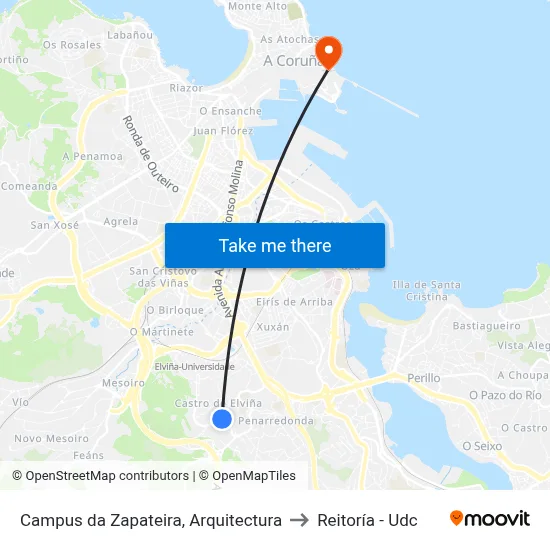Campus da Zapateira, Arquitectura to Reitoría - Udc map