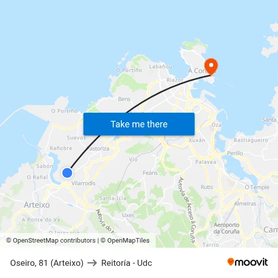Oseiro, 81 (Arteixo) to Reitoría - Udc map