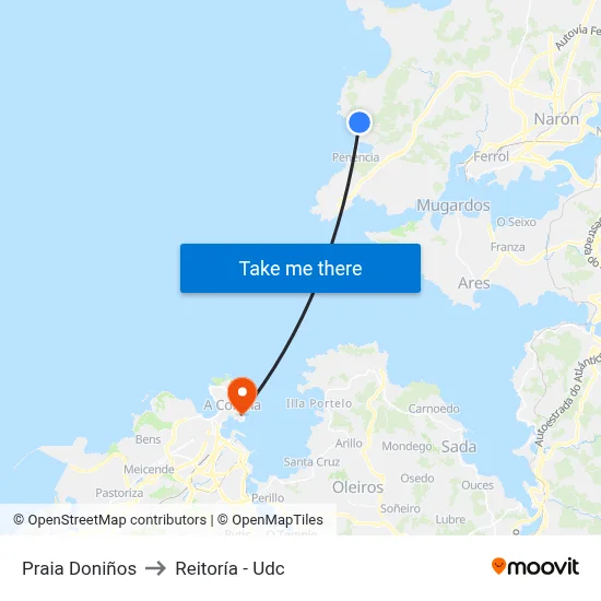 Praia Doniños to Reitoría - Udc map