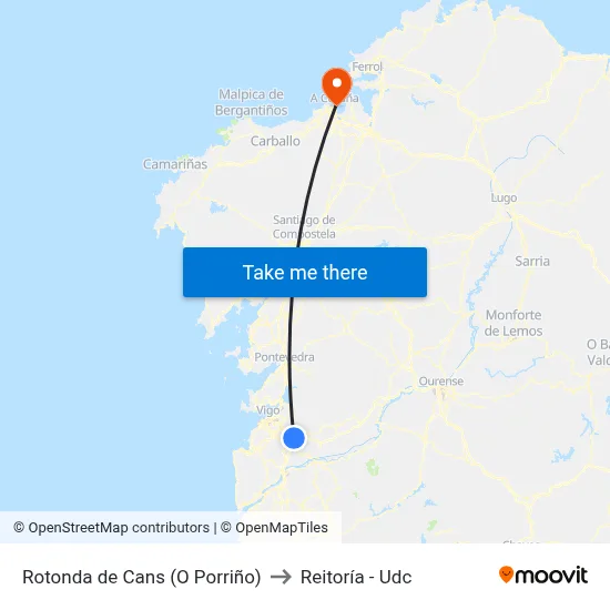 Rotonda de Cans (O Porriño) to Reitoría - Udc map