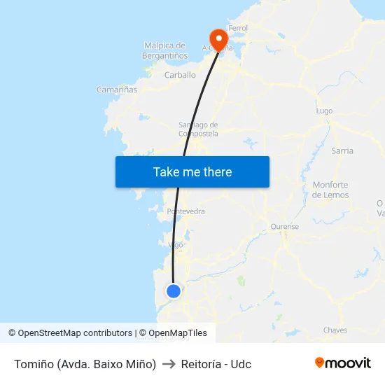 Tomiño (Avda. Baixo Miño) to Reitoría - Udc map