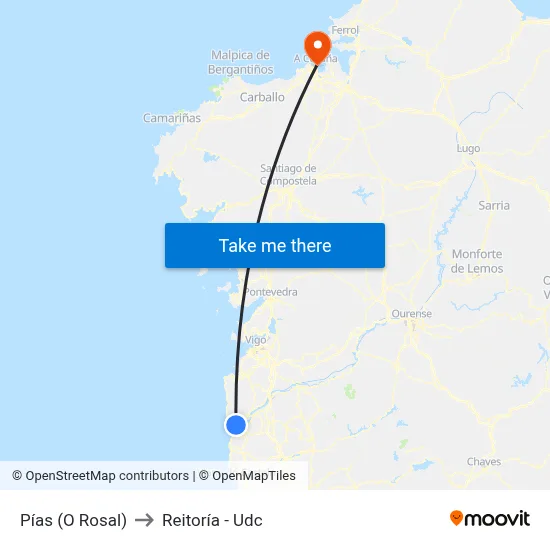 Pías (O Rosal) to Reitoría - Udc map