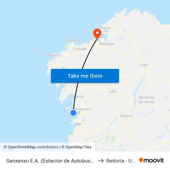 Sanxenxo E.A. (Estación de Autobuses) to Reitoría - Udc map