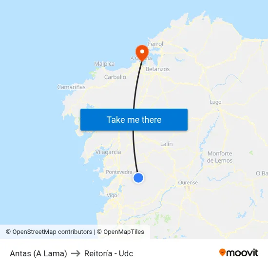 Antas (A Lama) to Reitoría - Udc map