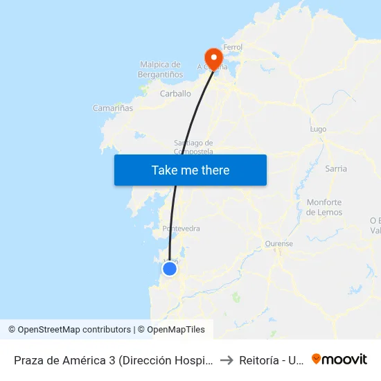 Praza de América 3 (Dirección Hospital) to Reitoría - Udc map