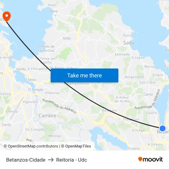 Betanzos-Cidade to Reitoría - Udc map