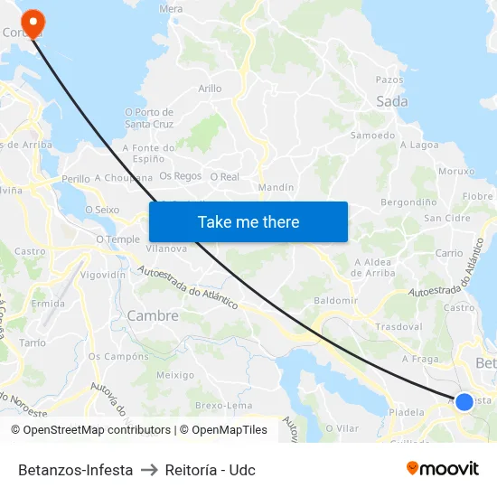 Betanzos-Infesta to Reitoría - Udc map