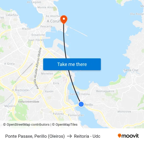 Ponte Pasaxe, Perillo (Oleiros) to Reitoría - Udc map