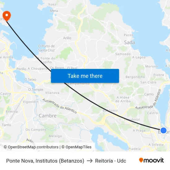 Ponte Nova, Institutos (Betanzos) to Reitoría - Udc map