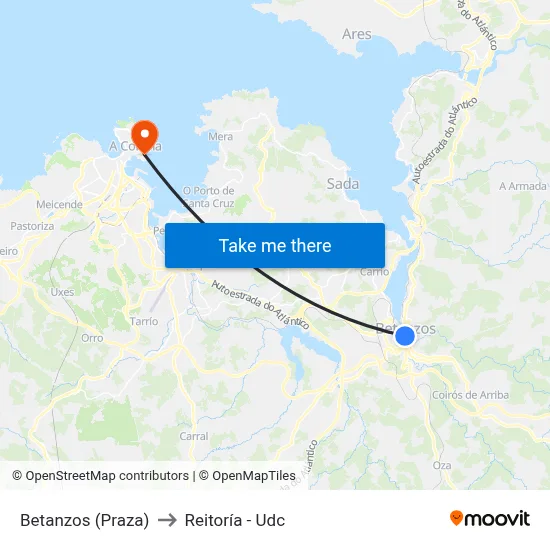 Betanzos (Praza) to Reitoría - Udc map